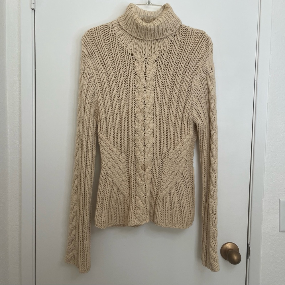 Beige Cable Knit Women Turtleneck Sweater Large Preppy Academia Capsule Piece